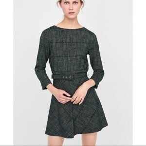 Zara Retro Vibes Belted Tweed Mini Dress. Green/Black. Size L